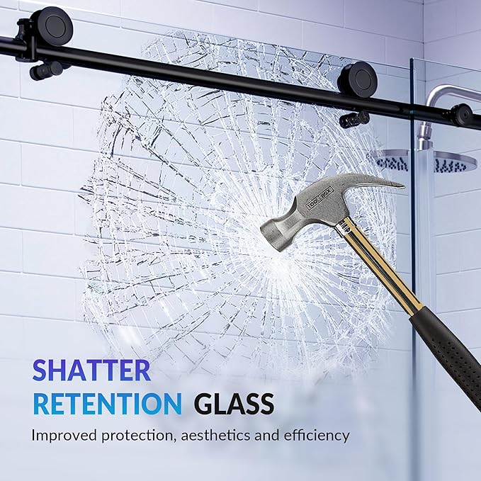 Woodbridge Frameless Sliding Shower Doors with Soft Close System, 57.5-60" Width x 76" Height with 3/8"(10mm) Clear Tempered Glass in Matte Black Finish, BSDC6076-BL