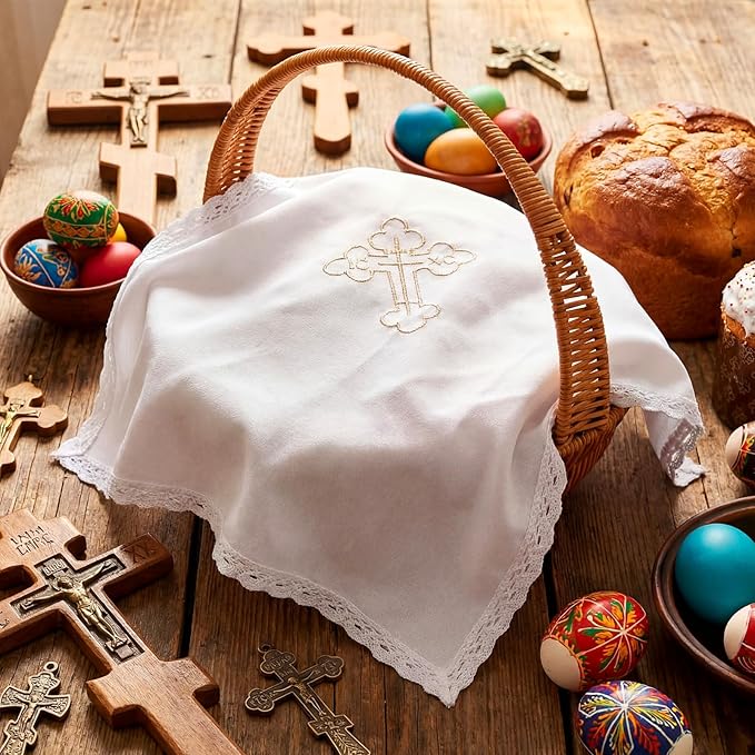 Easter Orthodox Pascha Basket Cover Table Decoration Easter Religious Gift 16" Square Orthodox White Cross Embroidered Natural Crochet Large Cloth Communion Prosphora Greek Christian Altar