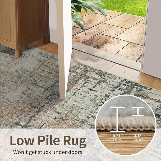 6x9 Washable Area Rug for Living Room, Modern Abstract Large Boho Rugs for Office, Dining Room, Kids Room, Farmhouse, Durable Low Pile Non Slip Carpet for High Traffic Areas, Moss