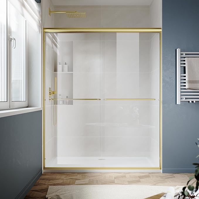 SUNNY SHOWER Double Sliding Glass Door 60" W x 72" H Shower Door 1/4" Tempered Glass Sliding Door Semi-Frameless Shower Glass Enclosure Bypass Walk in Shower Cabin, Brushed Gold