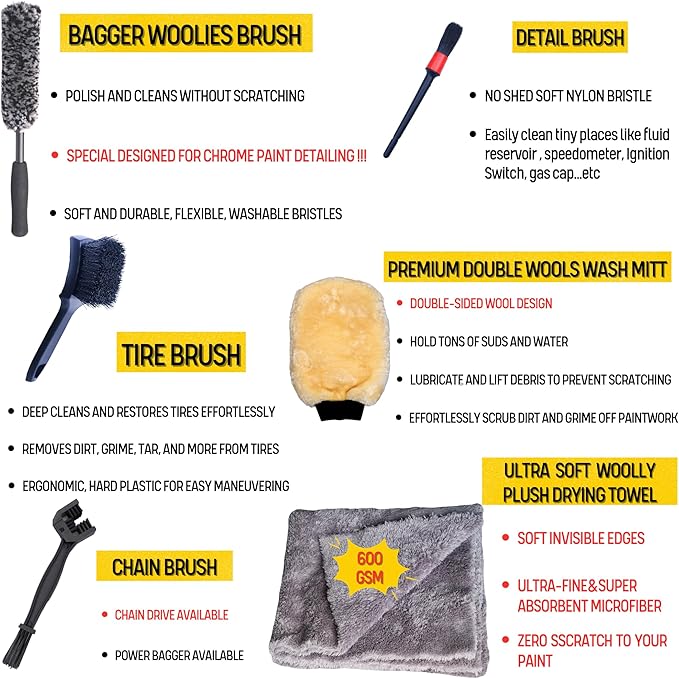 Motorcycle Cleaning Kit 6 Pack Design for Chrome, Woolies Brush, Wool Wash Mitt, Tire&Chain Brush, Detailing Brush& Ultra Plush Towel for Motorcycle& Bike Chrome Painted, Rims, Exhaust, Surface