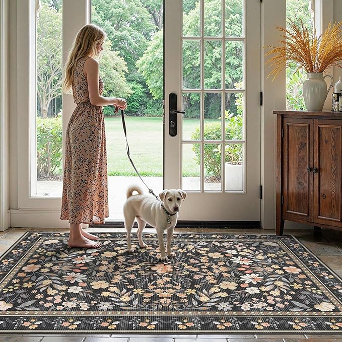 3x5 Rug for Entryway Bedroom, Black 3x5 Washable Area Rug, Floral Vintage Retro Boho Throw Rug, Non Slip & Low Pile Small Carpet for Indoor Kitchen, Bedside, Living Room, Bathroom and Dining