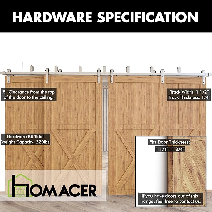 Homacer Brushed Nickel Double Track U-Shape Bypass Sliding Barn Door Hardware Kit, for Four Doors, 13ft Long Flat Track, Classic Design Roller