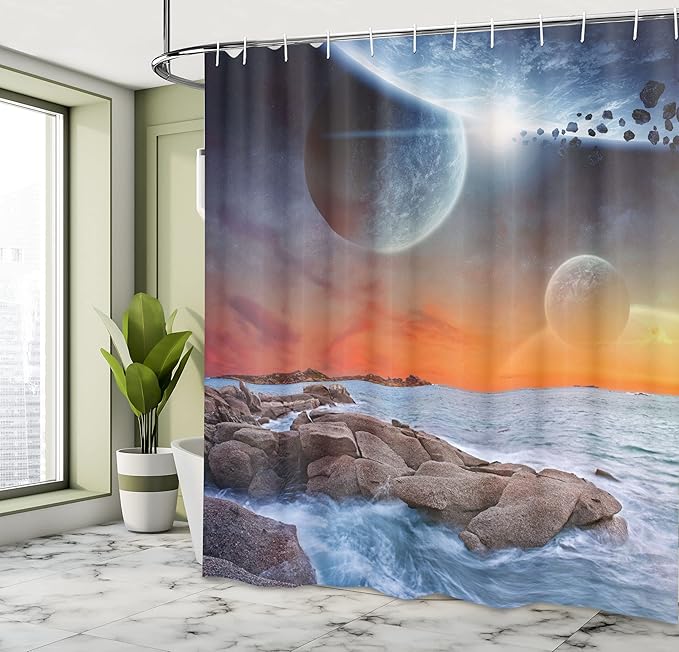 Ambesonne Galaxy Shower Curtain, Planet Landscape View from a Rocky Beach Ocean Science Theme Astro Art Illustration Print, Fabric Bathroom Decor Set with Hooks, 69" W x 75" L, Orange Umber