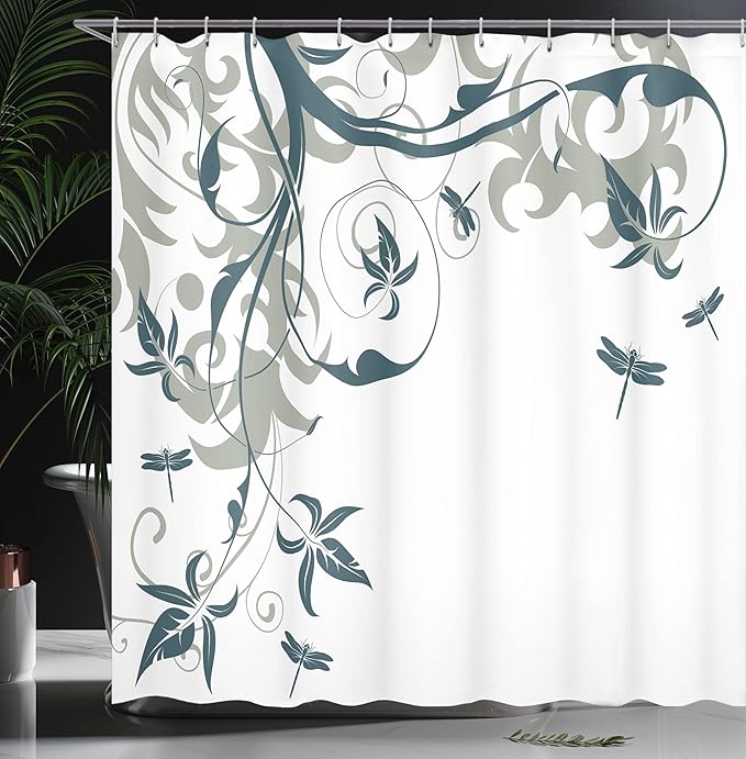 Ambesonne Dragonfly Shower Curtain, Swirled Floral Background Damask Curl Branches and Leaves Print, Cloth Fabric Bathroom Decor Set with Hooks, 69" W x 84" L, Dark Emerald