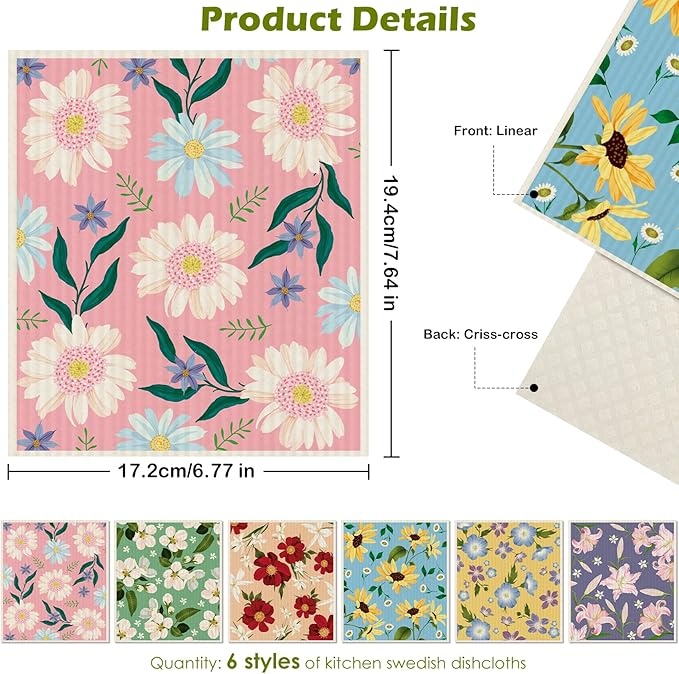 6 Packs Swedish Paper Cloths for Kitchen, Reusable Paper Towels Washable Dish Rags, Highly Absorbent Kitchen Towels Quick Drying Swedish Sponge Cleaning Dish Cloths(Colorful Floral-2)