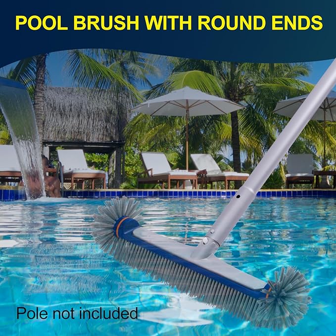 POOLAZA 360 Degree Pool Brush - Heavy Duty 17.5" Pool Brush Head for inground Pools/Above Ground Pools, Spa, Hot Tub, Premium Bristle & Aluminum Handle for Standard Pool Pole