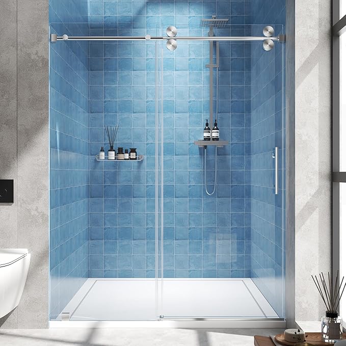 Frameless Sliding Shower Door 56–60 in W x 76 in H, 5/16" (8mm) Clear Tempered Glass Shower Doors Glass Sliding 60 Inches, Double Nano Coating, Stainless Steel Hardware, Silent Smooth Rollers, Chrome