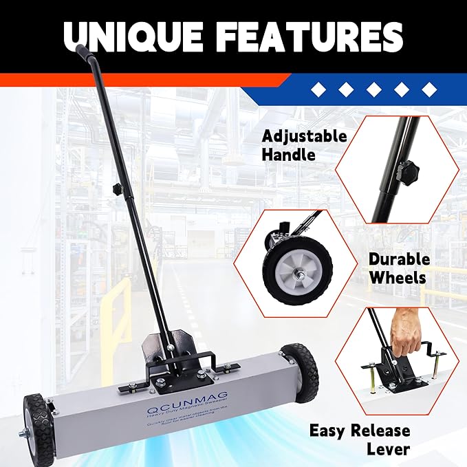 Rolling Magnetic Sweeper with Wheels, Telescoping Magnetic Pickup Tool, 40-Pound Capacity Heavy-Duty Floor Magnet Roller to Pick Up Nails, Adjustable Handle for Garage Yard (24-Inch)