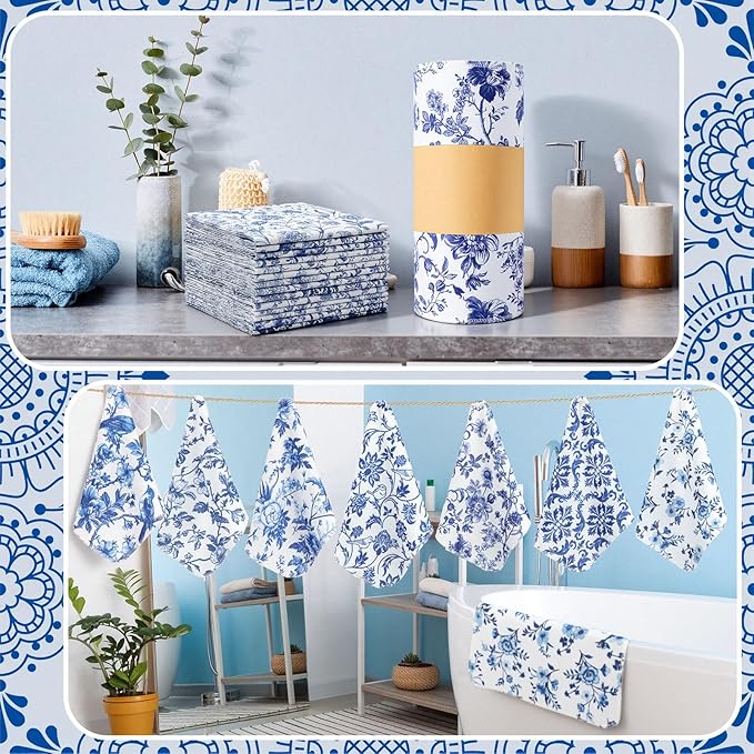 Tinlade 36 Pack Blue and White Floral Reusable Cleaning Cloths Washable Kitchen Towels Bulk Absorbent Cotton Dish Towels for Home Kitchen Cleaning Supplies