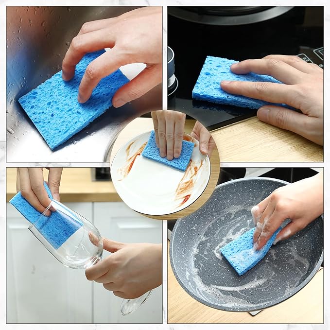 Zhengmy 100 Pieces Sponges Kitchen Compressed Sponges Bulk Natural Dish Sponge Compressed Wood Pulp Cleaning Sponge Without Scratching for Kitchen Bathroom, 3.9 x 2.4 x 0.12 Inch (Blue)