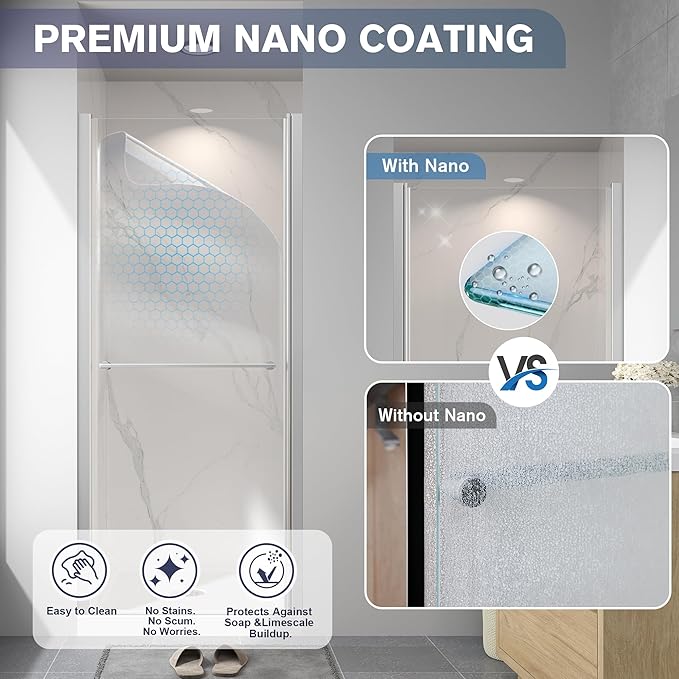 Frameless Pivot Shower Door 26"-28" W x 72" H, Swing Shower Glass Doors with Nano Explosion-Proof Film Tempered Glass 1/4"(6mm) Reversible Installtion, Brushed Nickel Finish