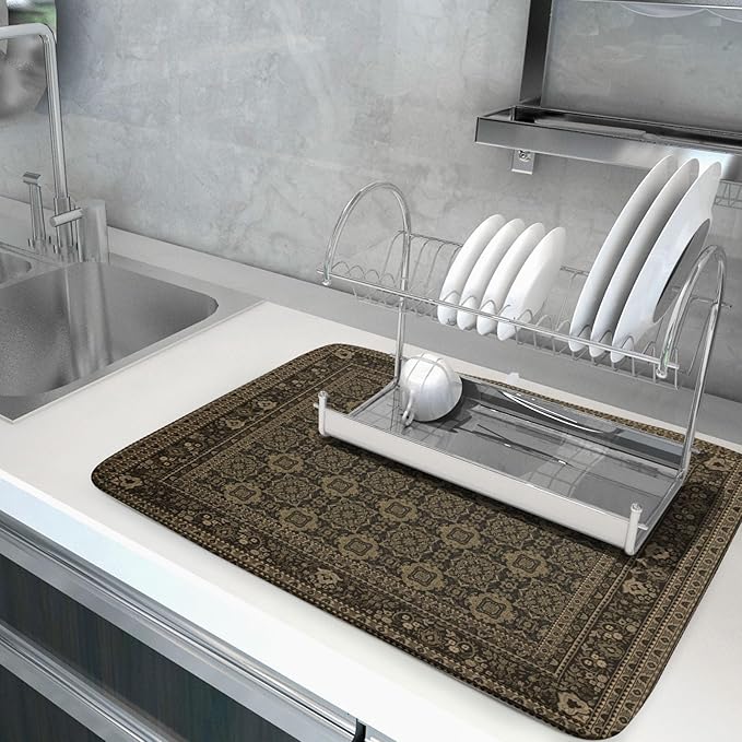 Brown Antique Tabriz Rug Dish Drying Mat for Kitchen Counter,Retro Turkish Vintage Floral Block Print Drying Mat 18 x 24 Inch with Absorbent Reversible Microfiber Drying Pad for Coffee Bar
