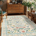 Floral Rug for Living Room Bedroom, 4x6 Washable Rug, Green Vintage Boho Area Rug, Large Non Slip Low Pile Wool Carpet for Indoor Dining Room,Girls Kids Room and Nursery Room