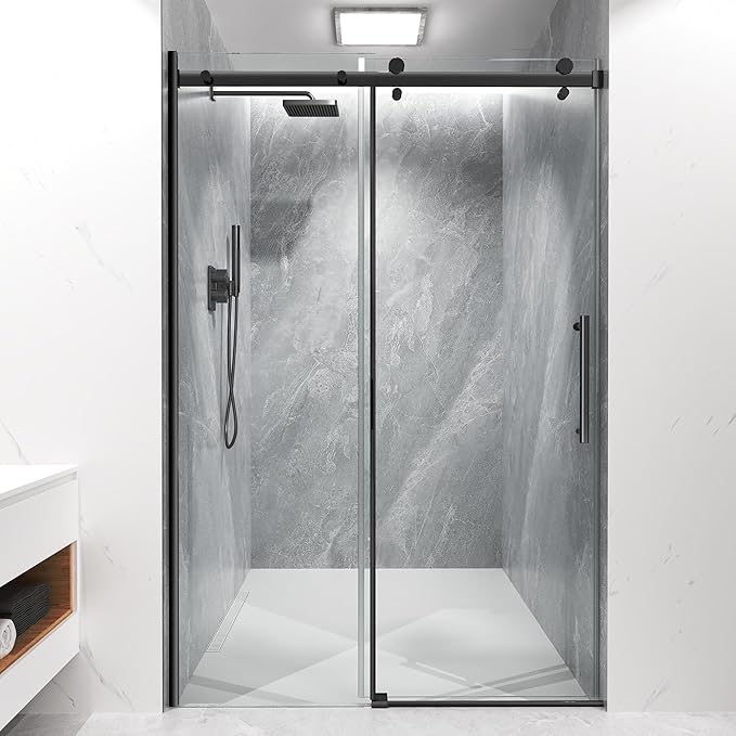 Frameless Sliding Shower Door 44-48" W x 72" H, 5/16" (8mm) Heavy Duty Tempered Glass, Matte Black Finish, Single Sliding Walk-in Shower Glass Door, Reversible Installation, Smooth & Quiet Gliding