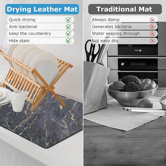 Dish Drying Mat Coffee Bar Mat for Kitchen Counter, Absorbent Dish Rack Pad Hide Stain with Non-slip Rubber Backed Coffee Accessories Fit Under Espresso Machine Maker Black Marble 22.83"x14.96"