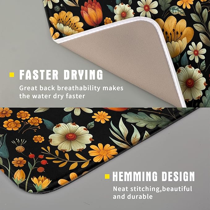 Vintage Boho Floral Dish Drying Mat for Kitchen Counter,Yellow Beige Black Spring Flower Drying Mat 16 x18 Inch with Absorbent Reversible Microfiber Drying Pad for Coffee Bar