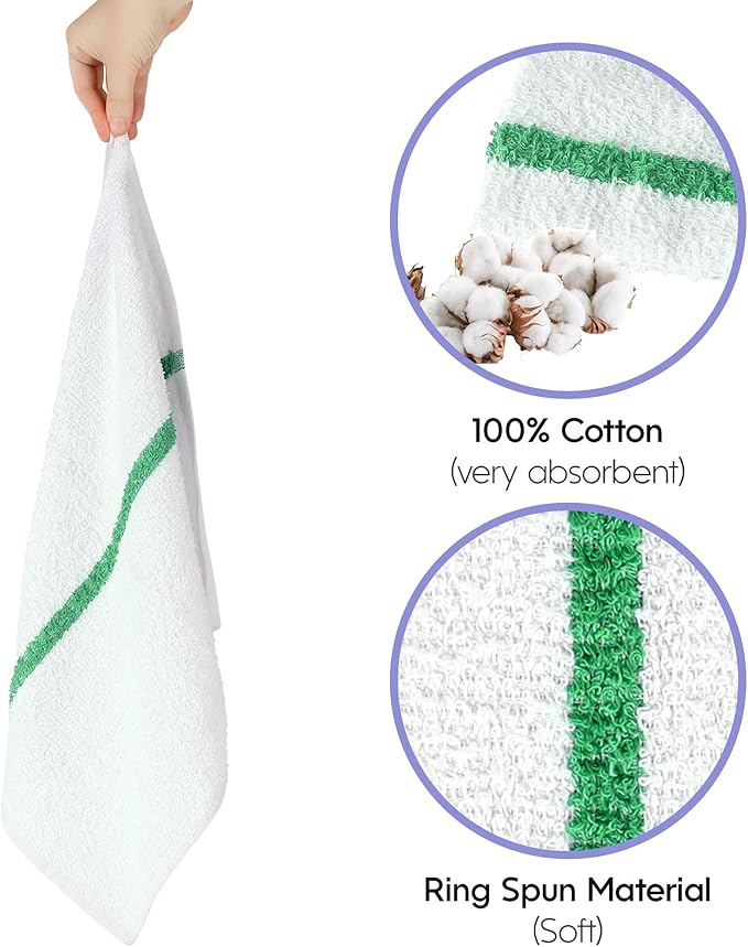 Nabob Wipers Kitchen Bar Mop Terry Towels 12 Pack - 100% Cotton - Size 14x17 - Perfect for Your Home, Kitchen, Bathroom, Bars, Restaurants & Auto - Super Absorbent (Green Stripe)