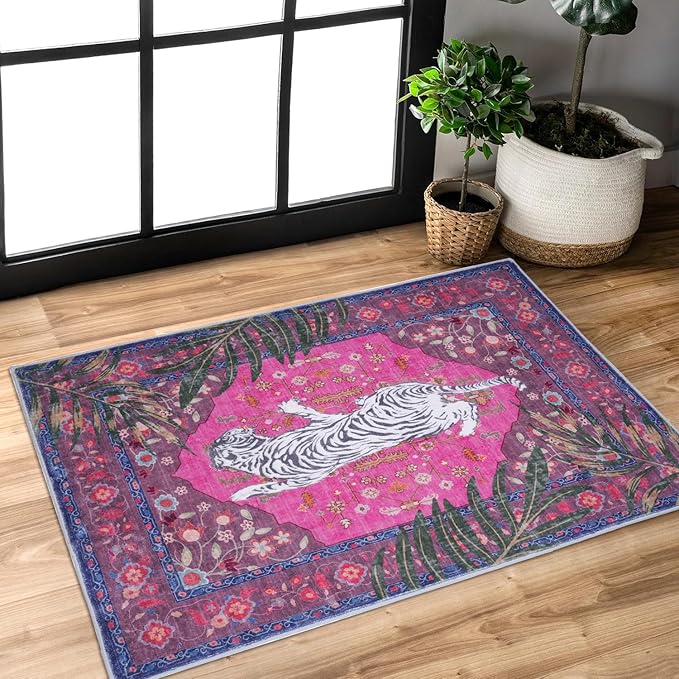 2x3 FT Leopard Rug for Living Room Hot Pink Leopard Vintage Animal Rug Aesthetic Pink Rugs for Girls Room Nursery Bedroom Home Office Dorm Thin Bright Magenta Carpet (Hot Pink, 2X3 FT)