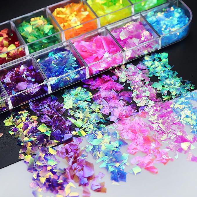 Vezocim Iridescent Glitter Nail Art Sequins, Holographic Transparent Irregular Ultra Thin Nail Art Glitter Flakes Designs, Mermaid Nail Glitter Acrylic Supplies Decorations for Women Manicure Art