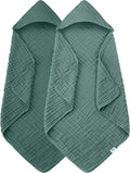 SWEET DOLPHIN Muslin Hooded Baby Bath Towels - 2 Pack 100% Cotton Towel for Babies, Infants, Toddlers - 32x32Inch - Highly Absorbent and Newborn Essential, Deep Emerald