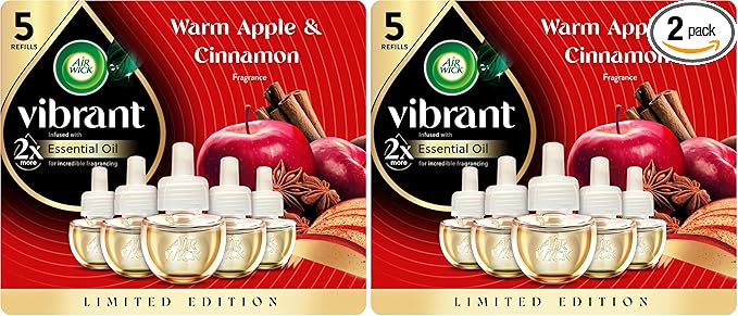 Air Wick Vibrant Plug In Scented Oil Refill,Infused with Essential Oils,Plug In Air Fresheners for Home,Fall Scent,Fall Décor,Warm Apple & Cinnamon,5 ct,(Pack of 2)