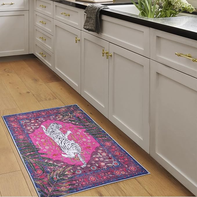 2x3 FT Leopard Rug for Living Room Hot Pink Leopard Vintage Animal Rug Aesthetic Pink Rugs for Girls Room Nursery Bedroom Home Office Dorm Thin Bright Magenta Carpet (Hot Pink, 2X3 FT)