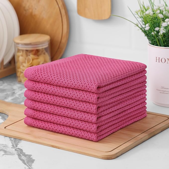Kitinjoy 100% Cotton Kitchen Dish Cloths (12 X 12 Inches, Hot Pink), 8 Pack Waffle Weave Ultra Soft Absorbent Dish Towels for Drying Dishes Quick Drying Kitchen Towels Dish Rags