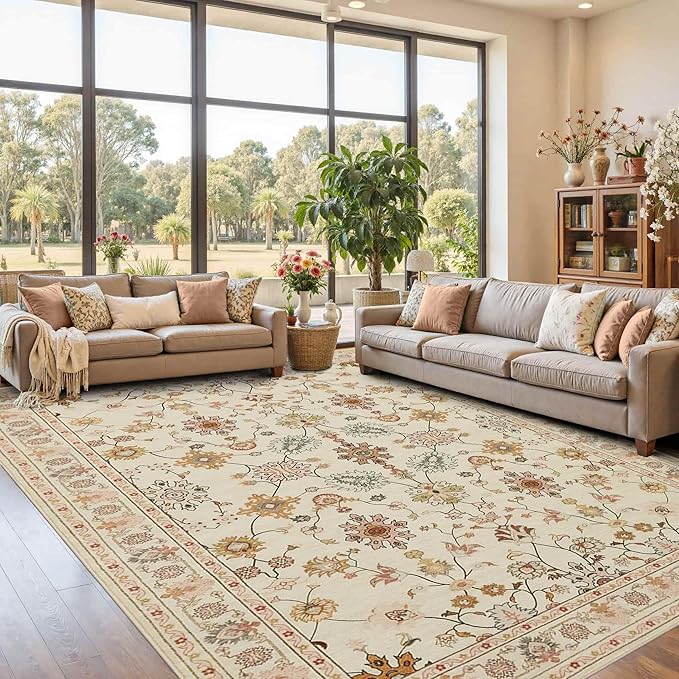 Floral Rug for Living Room Bedroom, 8x10 Washable Rug, Vintage Boho Area Rug, Large Non Slip & Low Pile Wool Carpet for Indoor Dining Room, Girls Room, Nursery Room and Kids Room(Apricot 8x10)