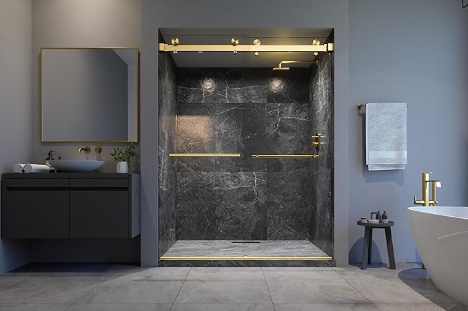 VITRA-200 56.5-59" W x 78" H Frameless Shower Door, Double Sliding with 3/8" Clear Tempered Glass (Satin Brass - Double Towel Bars)