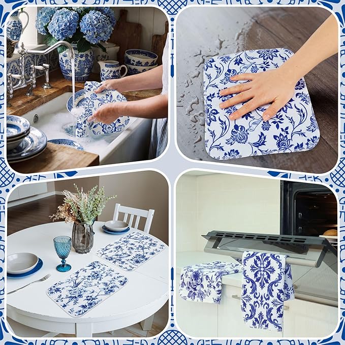 Tinlade 36 Pack Blue and White Floral Reusable Cleaning Cloths Washable Kitchen Towels Bulk Absorbent Cotton Dish Towels for Home Kitchen Cleaning Supplies