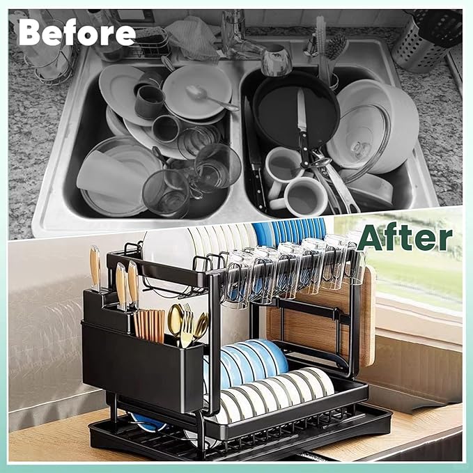 Dish Drying Rack,2-Tier Dish Racks for Kitchen Counterwith Drainboard & Utensil Holder, Large Dish Drying Rack for Bowls/Cups/Bottles(Black)