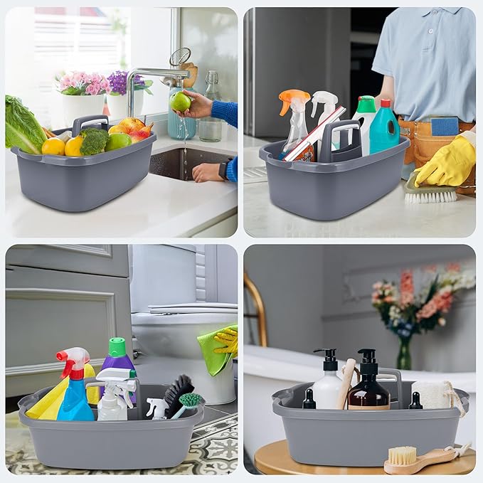 Large Cleaning Supplies Caddy Organizer, Portable Shower Caddy Plastic Basket with Handle, Stackable Tool Storage for Bathroom, Garden, Kitchen, Home Organization, Grey