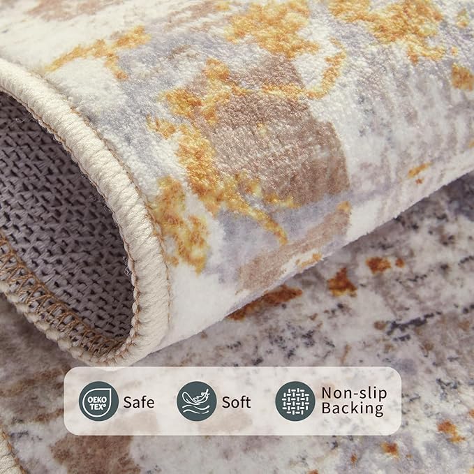 5x7 Area Rugs for Bedroom Living Room,Non-Slip Washable Modern Neutral Abstract Rugs for Dining Room, Foldable Thin Indoor Carpet Stain Resistant(Beige Gold)