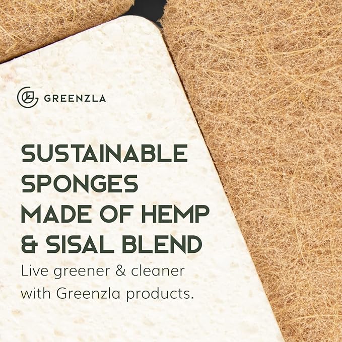 Greenzla Kitchen Sponges, Plant-Based Dish Sponges, Non-Scratch Sisal Hemp Scouring Pads for Dishes, Countertops, Bathtubs, and Tiles, 12 Pack