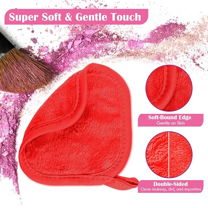 Orighty Makeup Remover Cloth, 12 Pack Makeup Removal Face Cleansing Cloth, Reusable Make Up Remover Pads Remove Instantly Dirt with Just Water, 5 x 5 in, Red