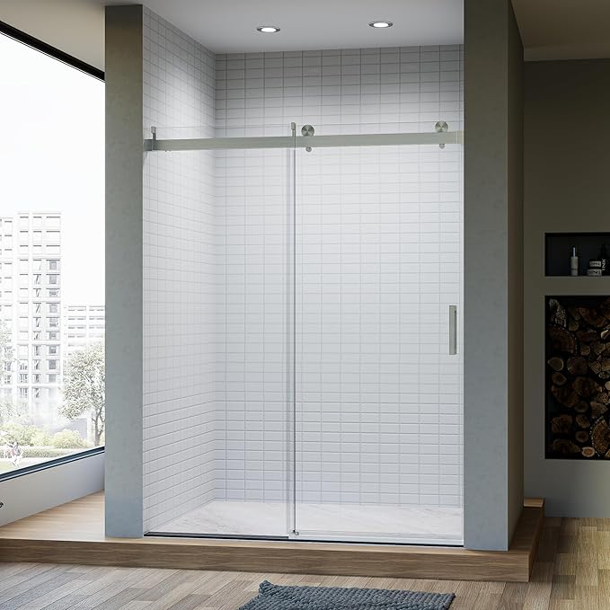 56-60" W x 76" H Frameless Single Sliding Glass Shower Doors Soft-Close with Buffer, Reversible Installation and 3/8"(10mm) ANSI Clear Tempered Glass, Brushed Nickel Finish