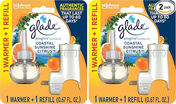 Glade PlugIns Refills Air Freshener Starter Kit, Scented Oil for Home and Bathroom, Coastal Sunshine Citrus, 0.67 Fl Oz, 1 Warmer + 1 Refill (Pack of 2)