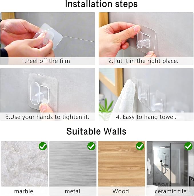 DELITON Clear Cute Storage Hooks, 10 Pack, Adhesion - Transparent Hanger Hook Stick on Wall for Bathroom Towel & Hanging Robe, Coat