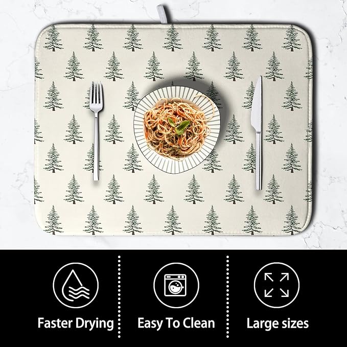 Christmas Tree Dish Drying Mat Winter Xmas Holiday Drying Mats Microfiber Absorbent Dishes Drying Pad Reusable Washable Kitchen Countertop Protector Dish Drainer Rack Mat 18x24 Inch