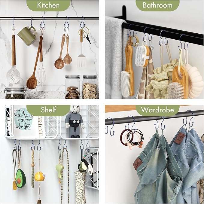 AmazerBath Shower Curtain Hooks Blue Shower Curtain Rings, Simple Double Hook Shower Curtain Hooks Rust Proof, Smooth Sturdy Metal Shower Hooks for Shower Curtain Rod, 12 Pcs Shower Rod Hooks