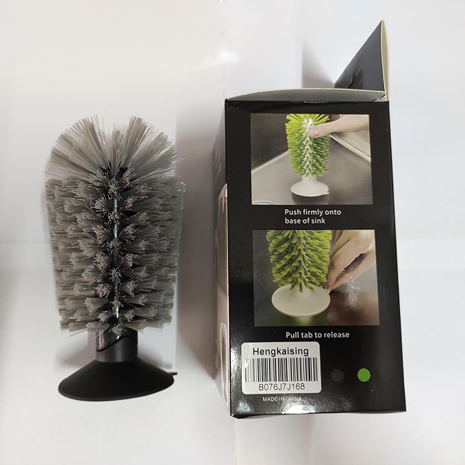 Hengkainsing Brush-Up Glass Brush with Suction Cup Upright Stays in Sink Bristle Scrub Kitchen Bottle Cleaning Washing (Gray)