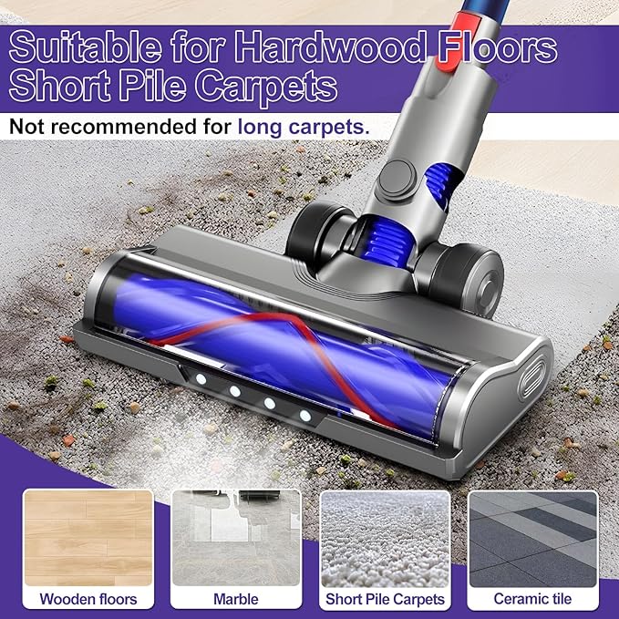 Vacuum Replacement Head for V7 V8 V10 V11 V15 V8 Slim for Hard Floor Short Pile Carpets with LED Headlights, V-Bristle Design & Rubber Wheels - Includes Gooseneck Brush Tool