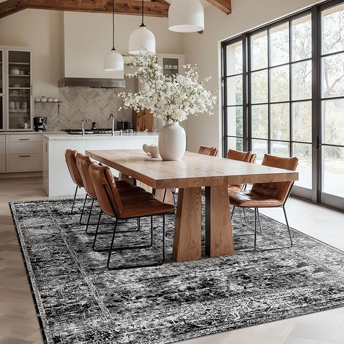 Area Rugs 6x9, Washable Rugs for Living Room, Bedroom, Black Rug, Vintage Boho Indoor Soft Carpet for Dining Room, Low Pile Rugs for Office, Farmhouse