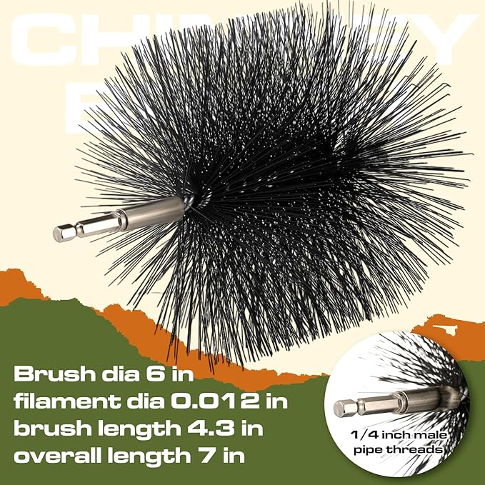 Wire Chimney Cleaning Brush with 1/4 Npt Fitting and 12 Rods, 6 Inch Round Steel Chimney Cleaning Brush and 16 Inch Fiberglass Rods for Hearth Fireplace(All-in-one)