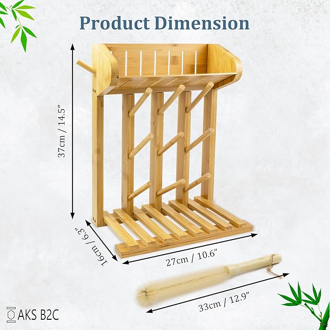 Bamboo Baby Bottle Drying Rack, Vertical Space Saving Kitchen Organizer, 9 Bottle Capacity, Countertop Storage Holder and Bottle Dryer with Draining Base (Comes with a Free Cleaning Brush)