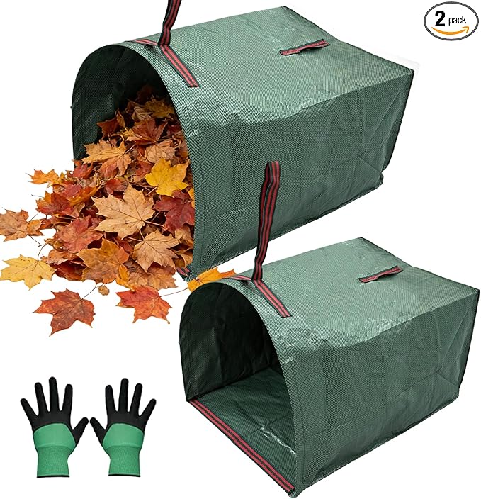 2-Pack 53-Gallon Reusable Yard Waste Bags with Gloves– Heavy-Duty Dustpan-Style Lawn & Garden Bags with Handles, Foldable, Standable Leaf Collector for Leaves, Grass, Branches, and Outdoor Debris