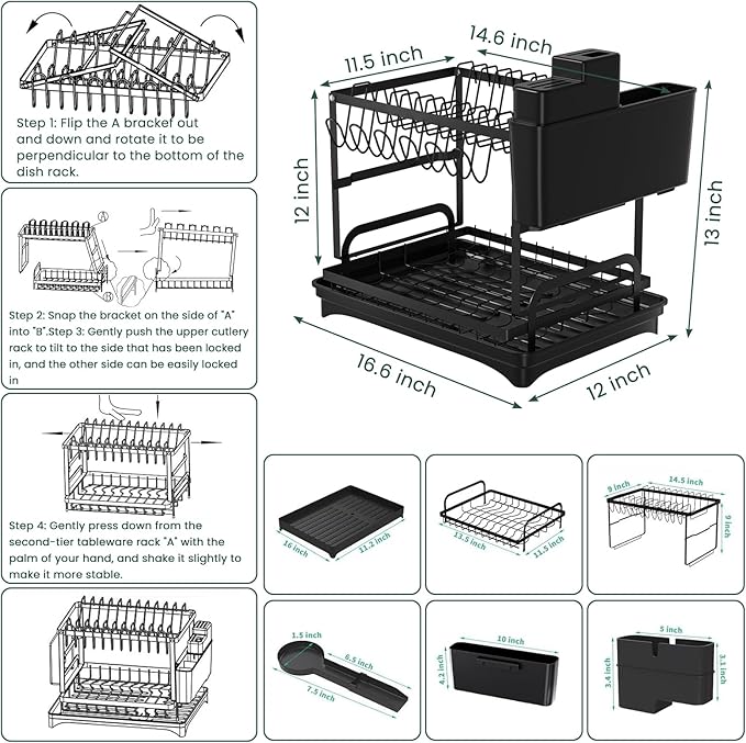 Dish Drying Rack,2-Tier Dish Racks for Kitchen Counterwith Drainboard & Utensil Holder, Large Dish Drying Rack for Bowls/Cups/Bottles(Black)