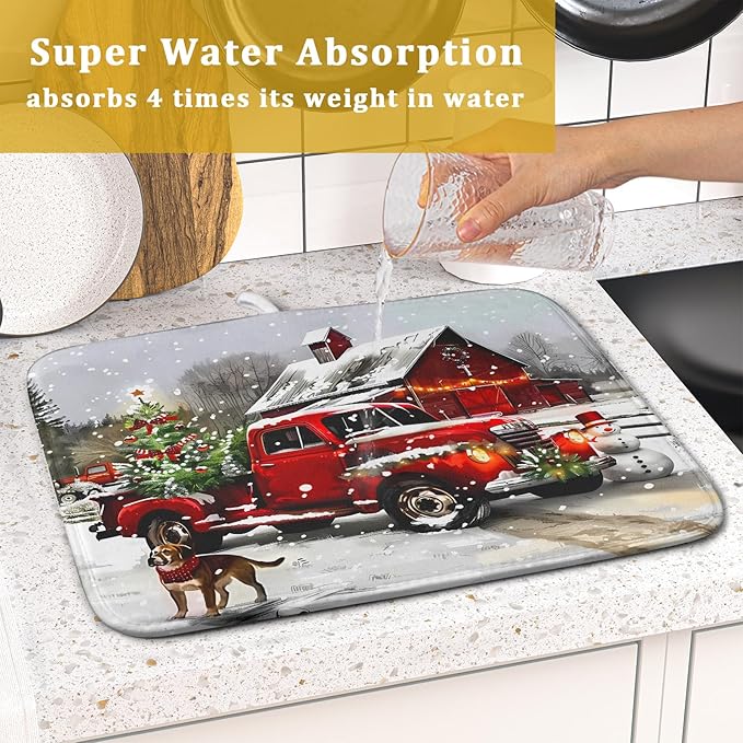 Red Truck Christmas Dish Drying Mat for Kitchen Counter 16x18 Inch Winter Xmas Tree Snowman Dog Print Absorbent Reversible Microfiber Drying Mats Kitchen Countertop Protector Dishes Drainer Rack Pad