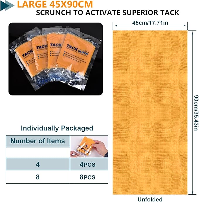 8 Pack Tack Cloths, 17.7" x 35.4" Premium Tack Rags for Woodworking & Automotive Painting - Wax & Silicone Free, Lint-Free Dust Removal for Sanding, Staining, Cleaning, and Surface Prep (8)